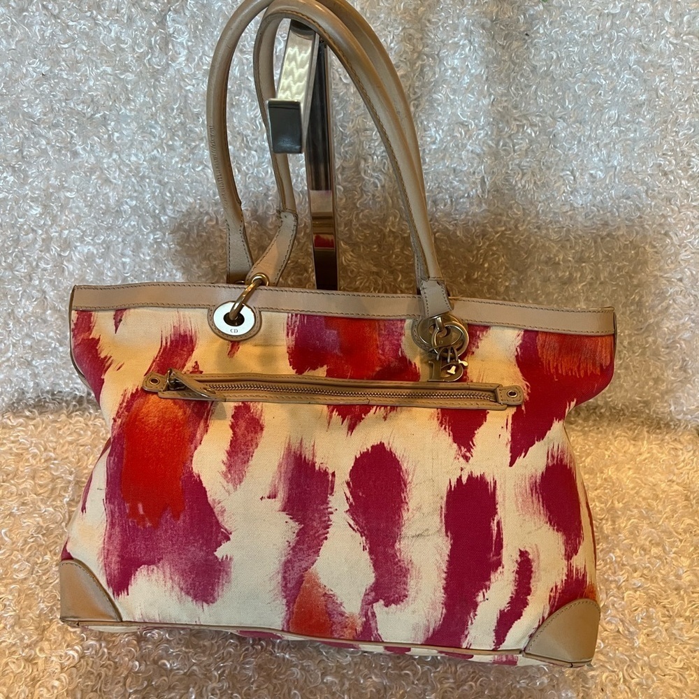 Dior Vintage Printed Canvas Tote Bag Leather and Canvas Handbag